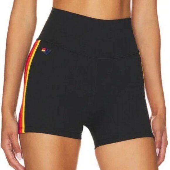 Aviator Nation 5 STRIPE RAINBOW 4 INCH HI-RISE BIKER SHORT - BLACK - Picture 2 of 8